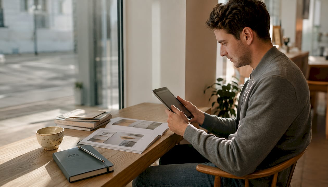 Ein Mann betrachtet auf seinem Tablet ein minimalistisches Kunstwerk.