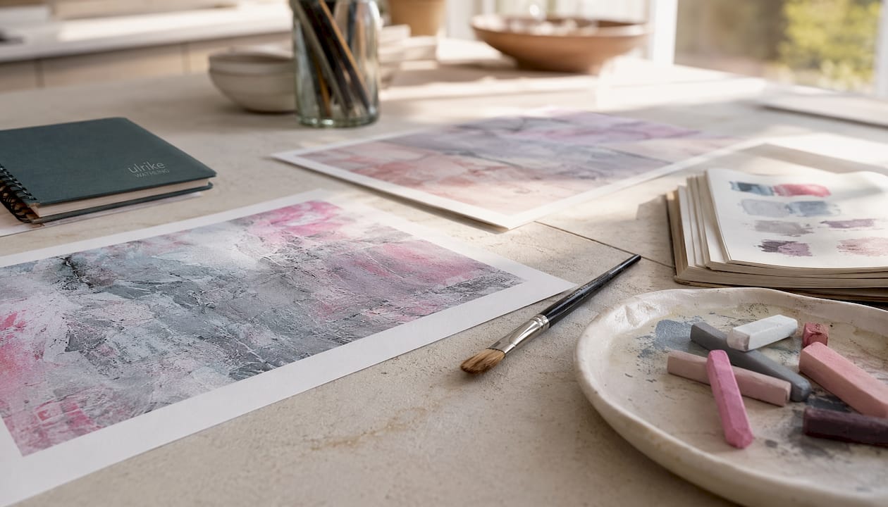 Detailaufnahme von pastellfarbenen Kunstdrucken und den dazugehörigen Arbeitsmaterialien