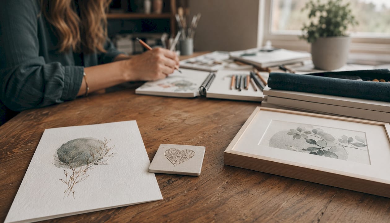 Kreativer Arbeitsplatz mit individuellen Freundschaftsgeschenken und selbstgemachten Zeichnungen – hier wird mit Herz und Fantasie gestaltet.