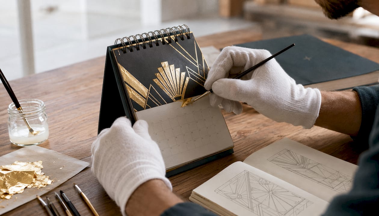 Mit viel Fingerspitzengefühl werden feine Art-déco-Papeterie-Elemente von Hand vergoldet.