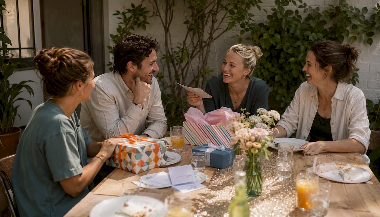 Im Garten sitzen Freunde und Familie zusammen und überreichen sich gegenseitig Geburtstagskarten.
