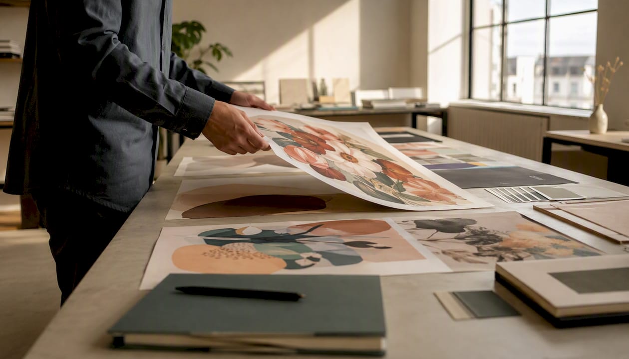 Eine Hand greift im Atelier nach einem Poster aus einer Auswahl.