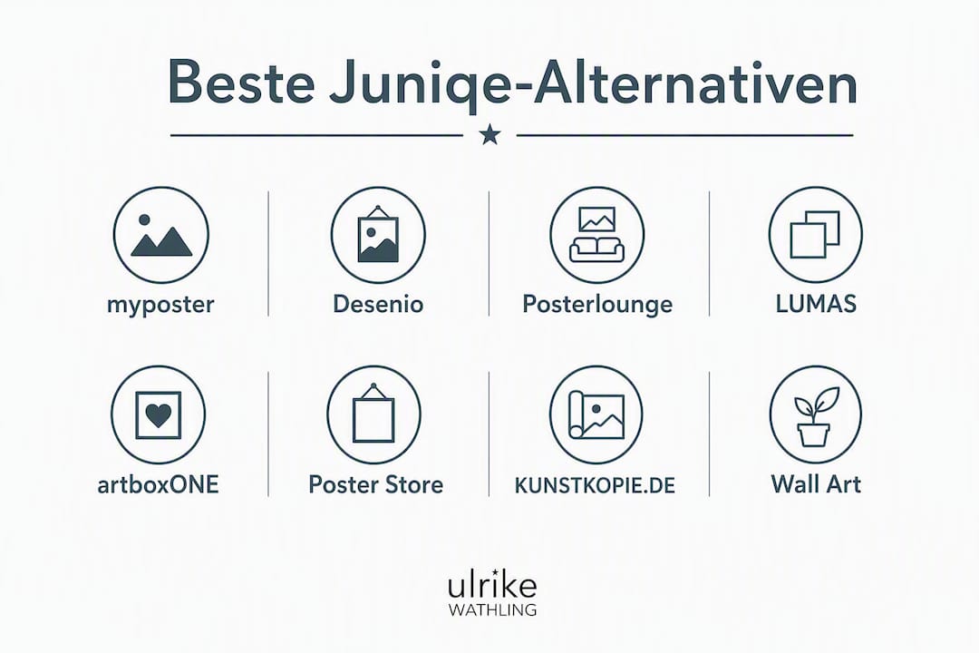 Die Infografik präsentiert eine Übersicht der besten Alternativen zu Juniqe in Deutschland – inklusive einer Rangliste.