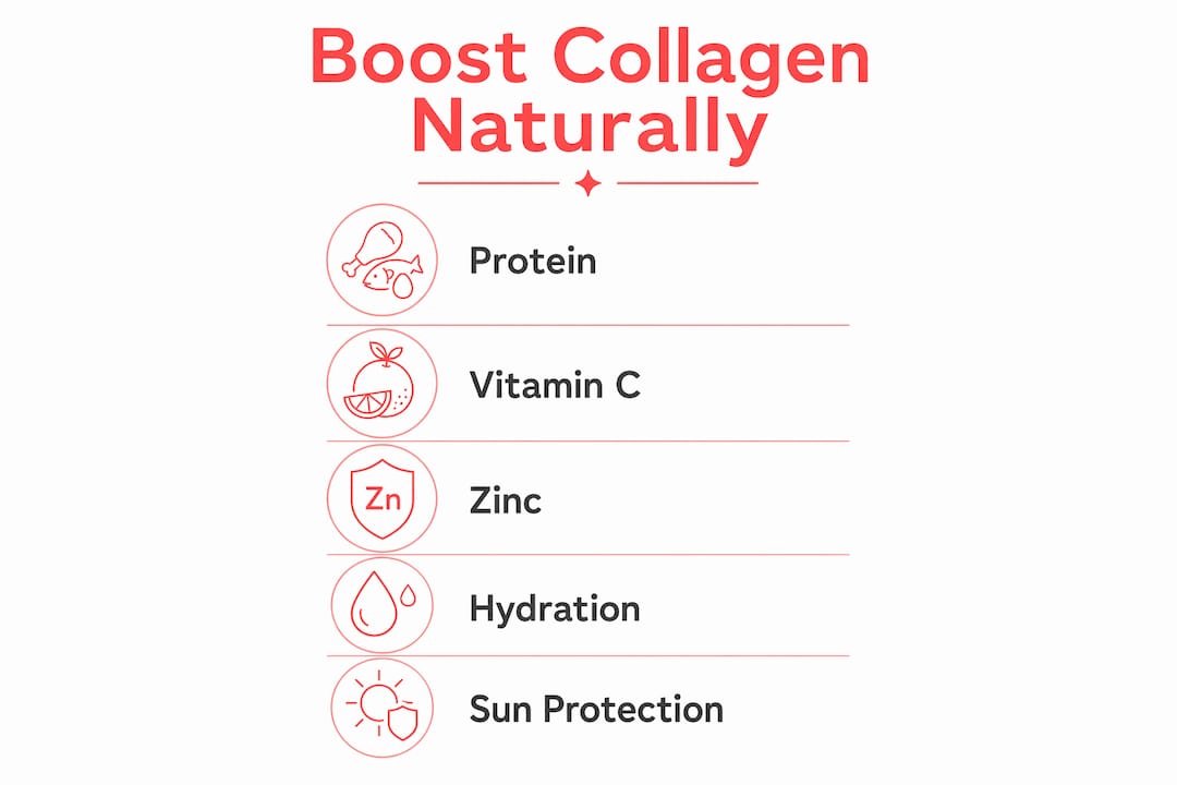 Infographic illustrating key steps to boost collagen naturally