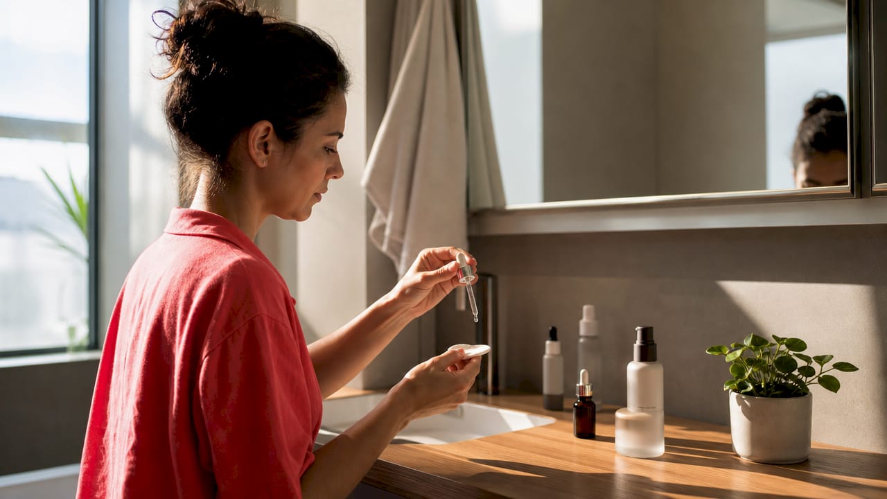 Close-up of hands using retinol serum