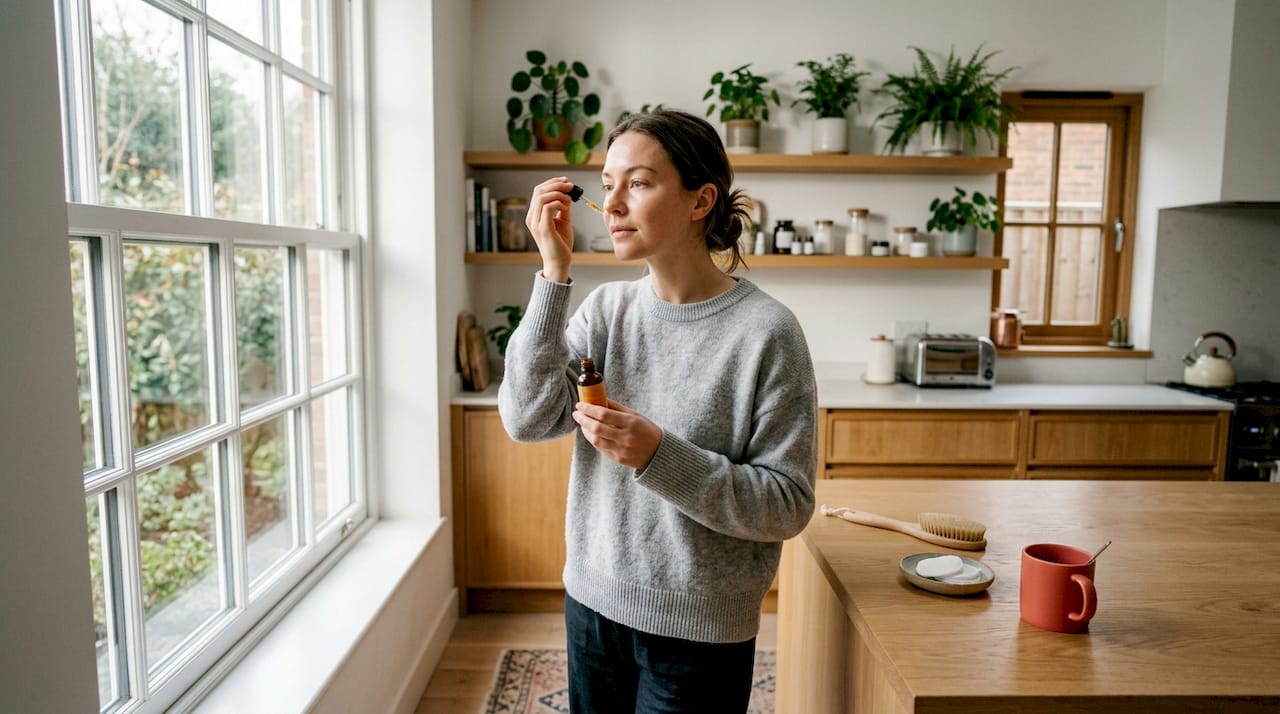 Woman applying vitamin C serum to face in bathroom