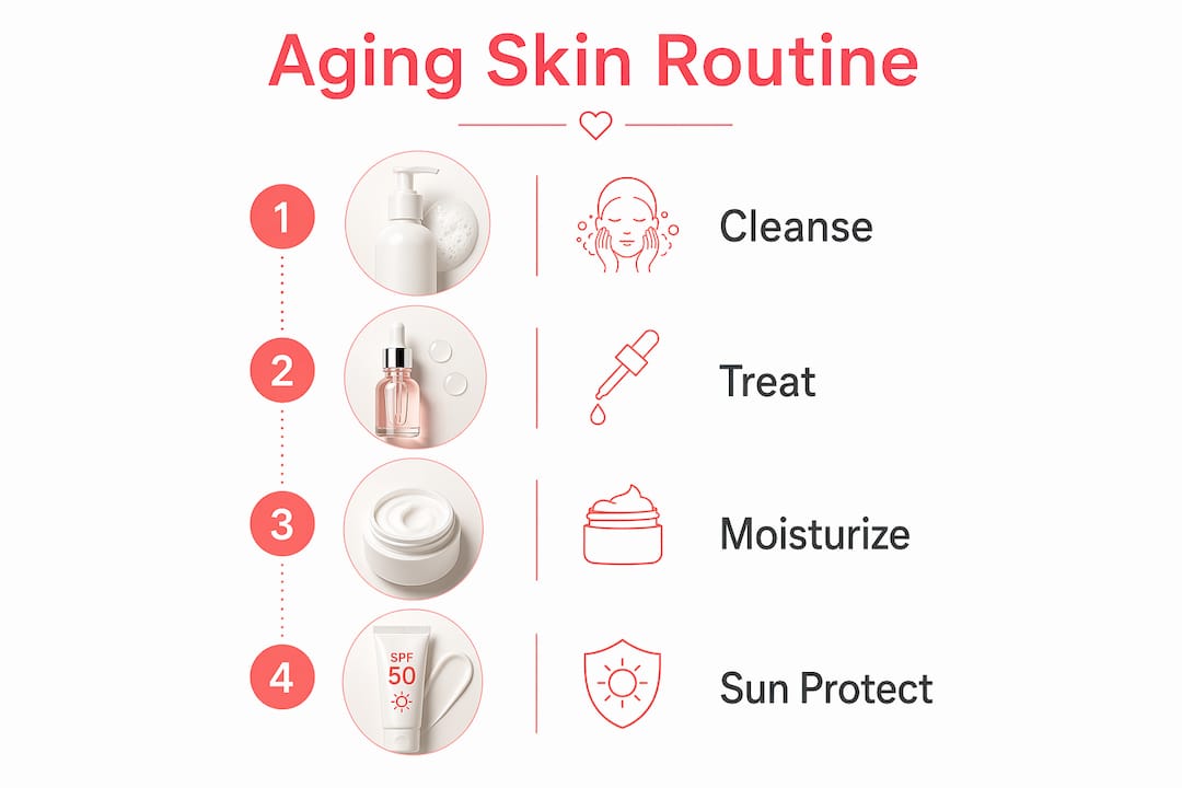 Infographic with four key steps of aging skincare routine