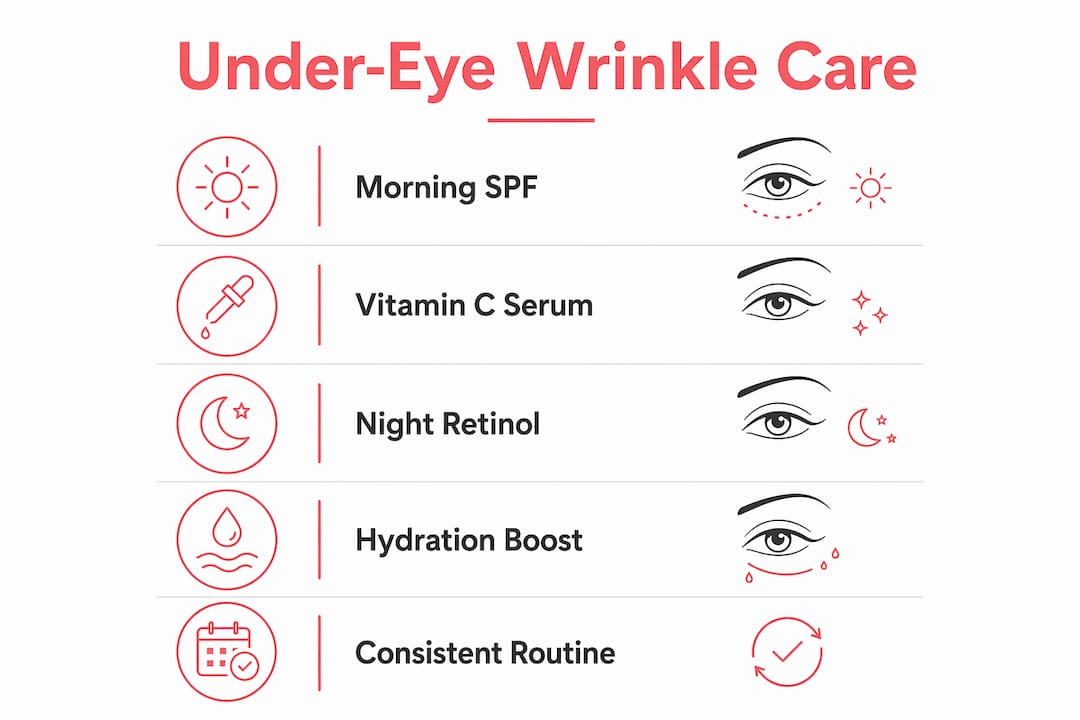Infographic illustrating steps for under-eye wrinkle care