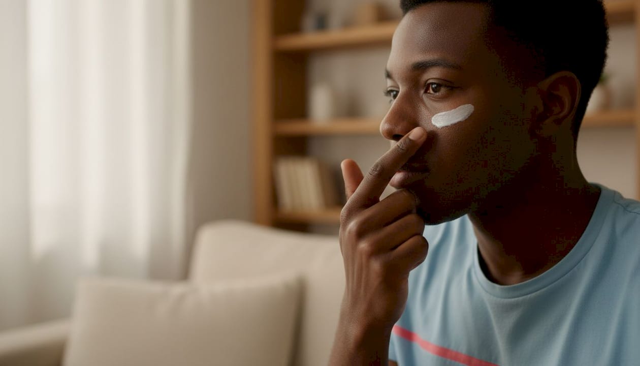 Man applying mineral sunscreen under eyes