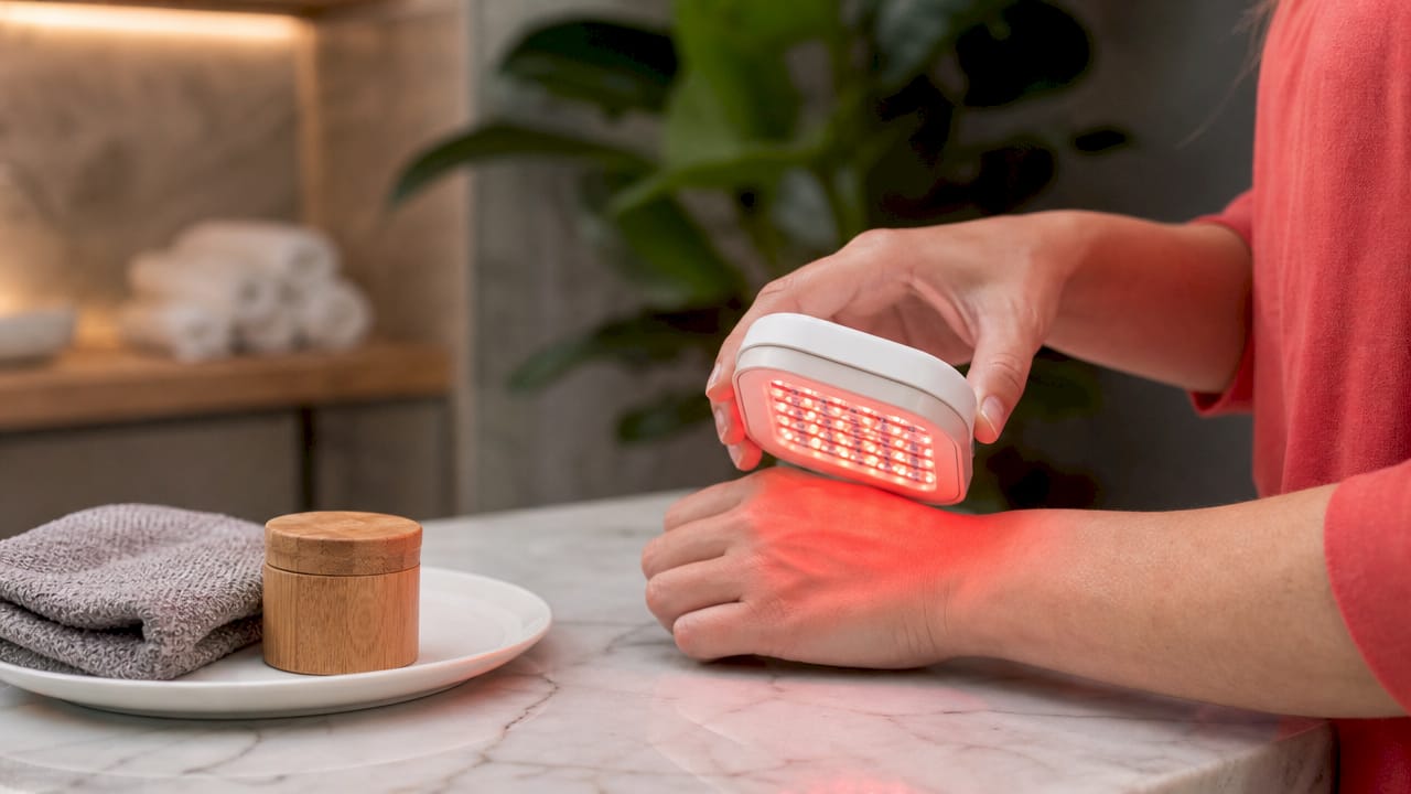 Hands holding red LED light therapy panel