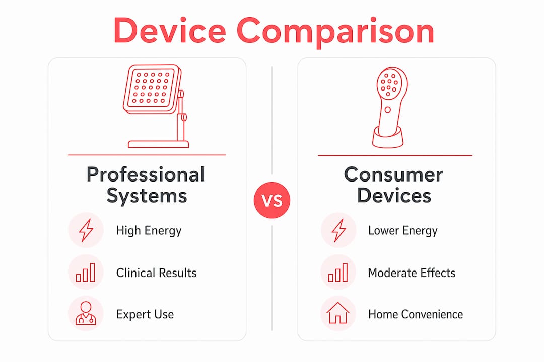 Infographic comparing professional vs consumer light therapy devices
