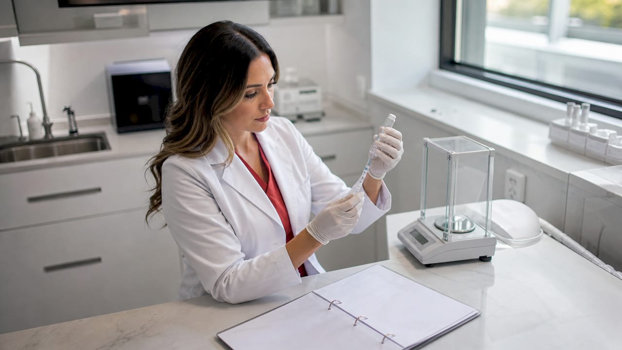 Dermatologist handling regenerative skincare serum in clinic