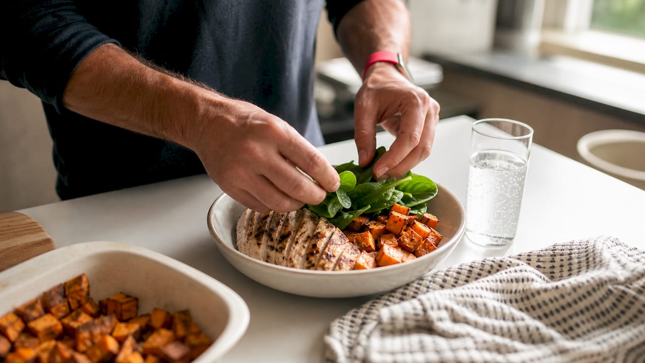 Hands preparing protein-rich meal on kitchen counter