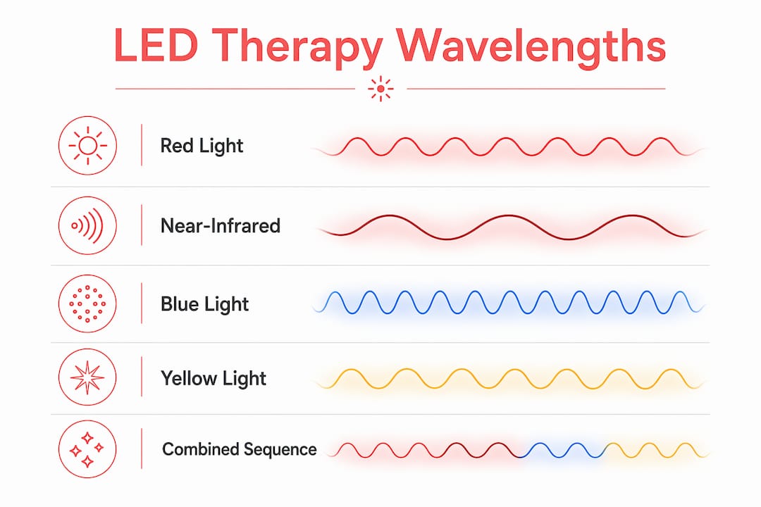 Infographic showing LED light therapy wavelengths and uses