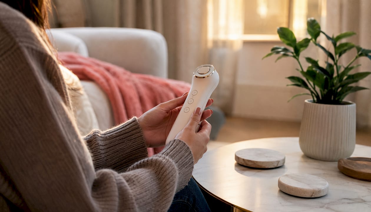 Hands holding at-home skincare device for collagen
