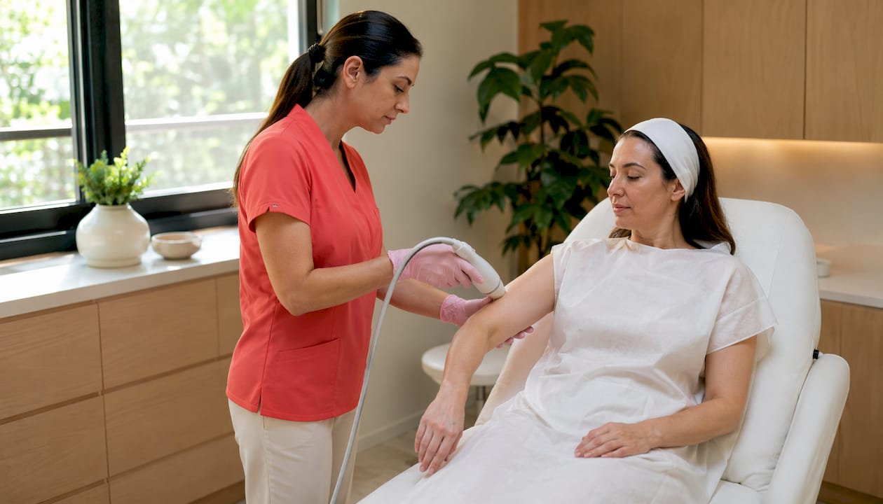 Dermatologist applying skin tightening treatment device