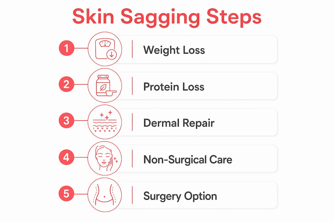 Infographic detailing steps and solutions for skin sagging