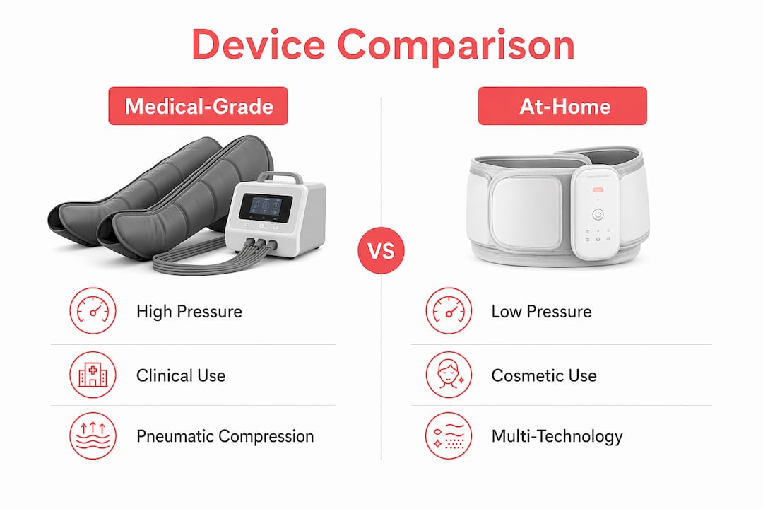 Infographic comparing medical-grade and at-home lymphatic devices