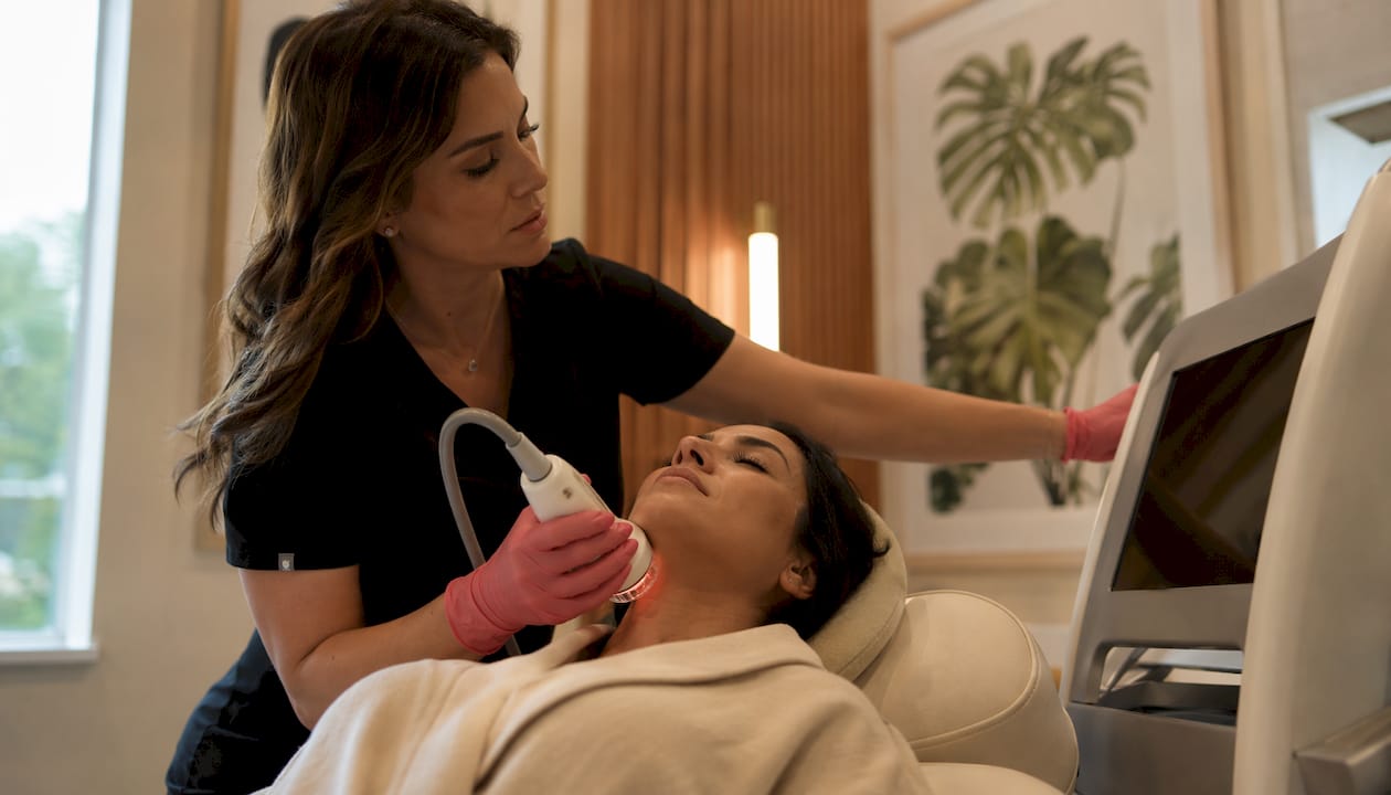 Aesthetician conducting RF skin tightening treatment