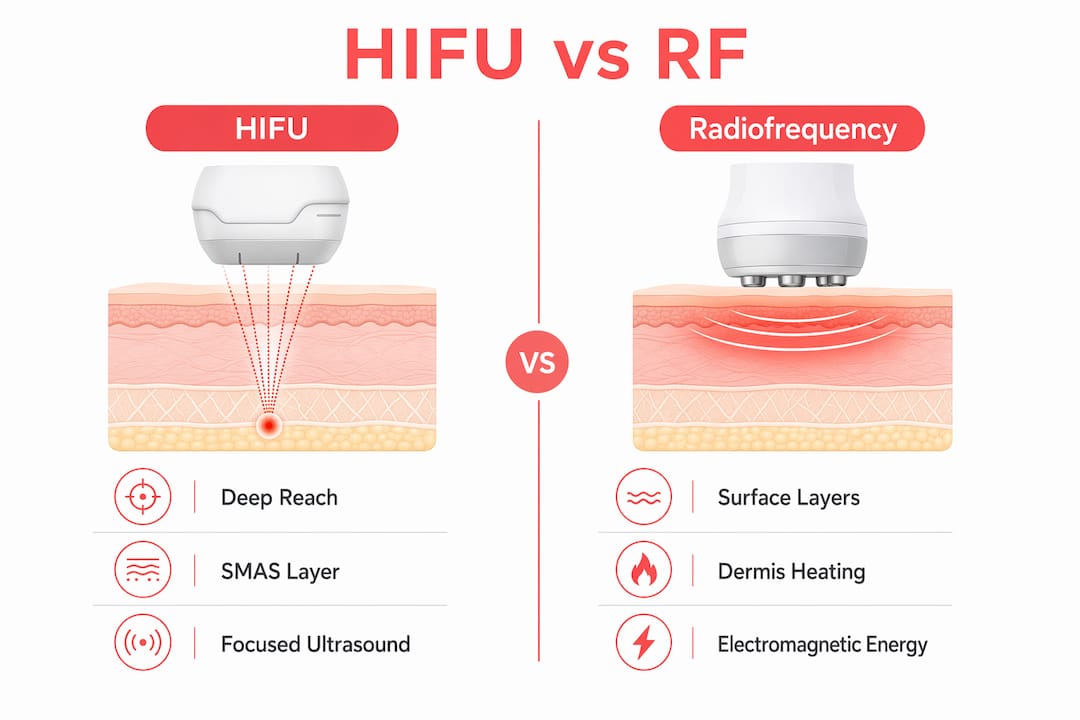 Infographic comparing HIFU and radiofrequency skin tightening