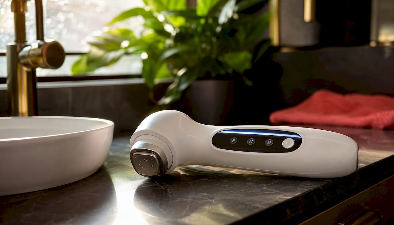 Close-up of HIFU skincare device on vanity