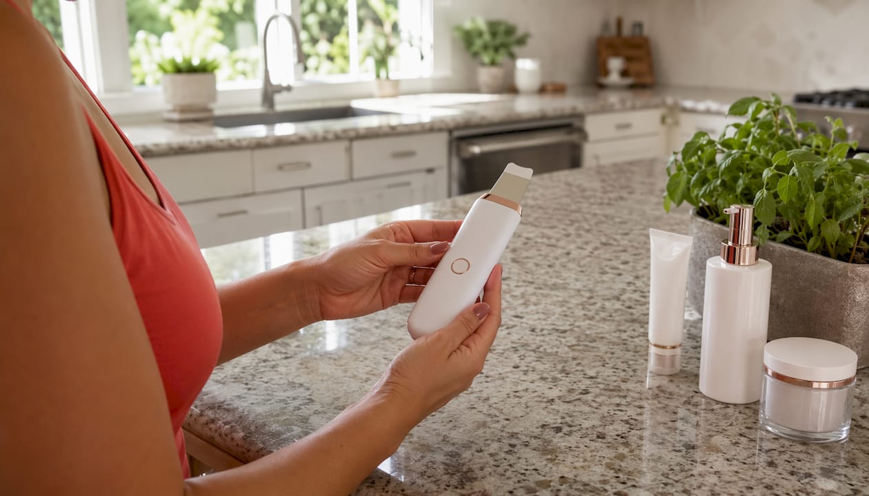 Hands holding an at-home lifting skincare device