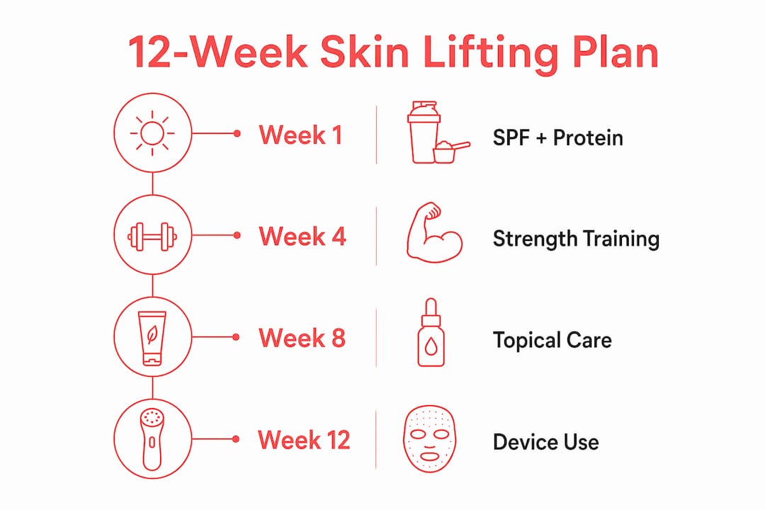 Infographic outlining 12-week skin lifting plan steps