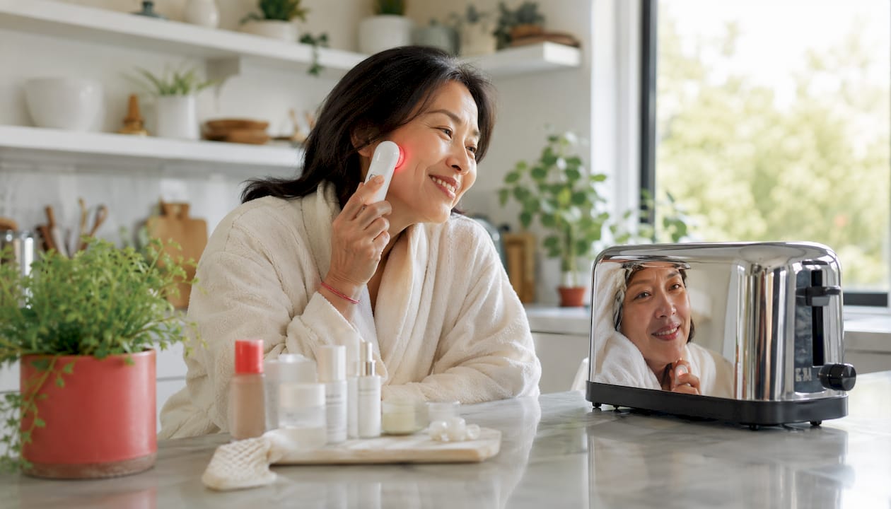 Woman using Korean LED facial tool in bathroom