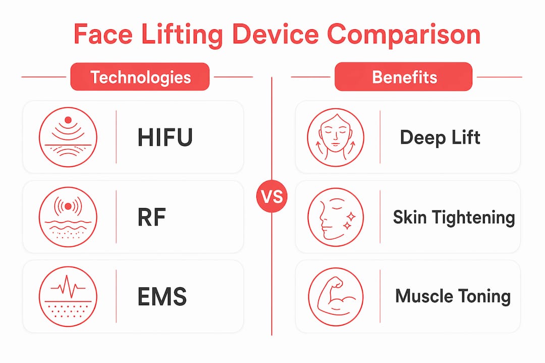 Infographic comparing Korean face lifting device technologies and benefits