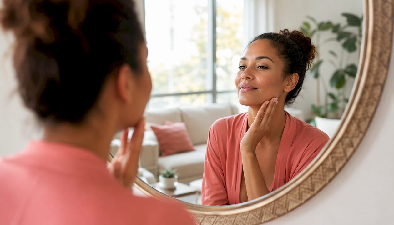 Close-up of woman touching tightened jawline at home