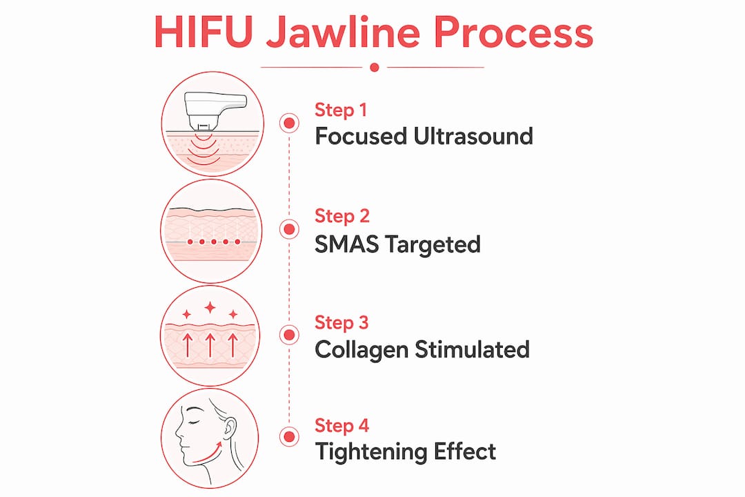Infographic showing HIFU treatment steps for jawline tightening