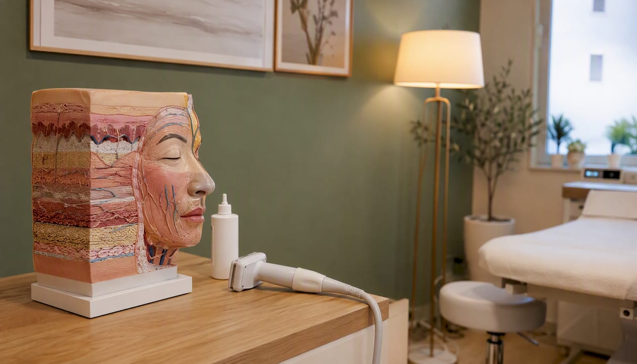 Dermatology clinic with skin anatomy model and ultrasound tools
