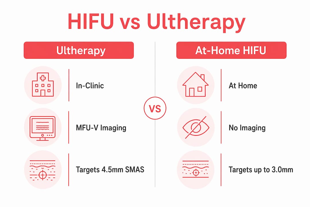 Infographic comparing Ultherapy and at-home HIFU features