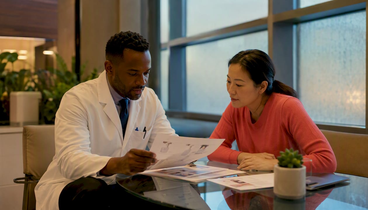 Doctor explaining FDA-cleared medical HIFU devices to patient