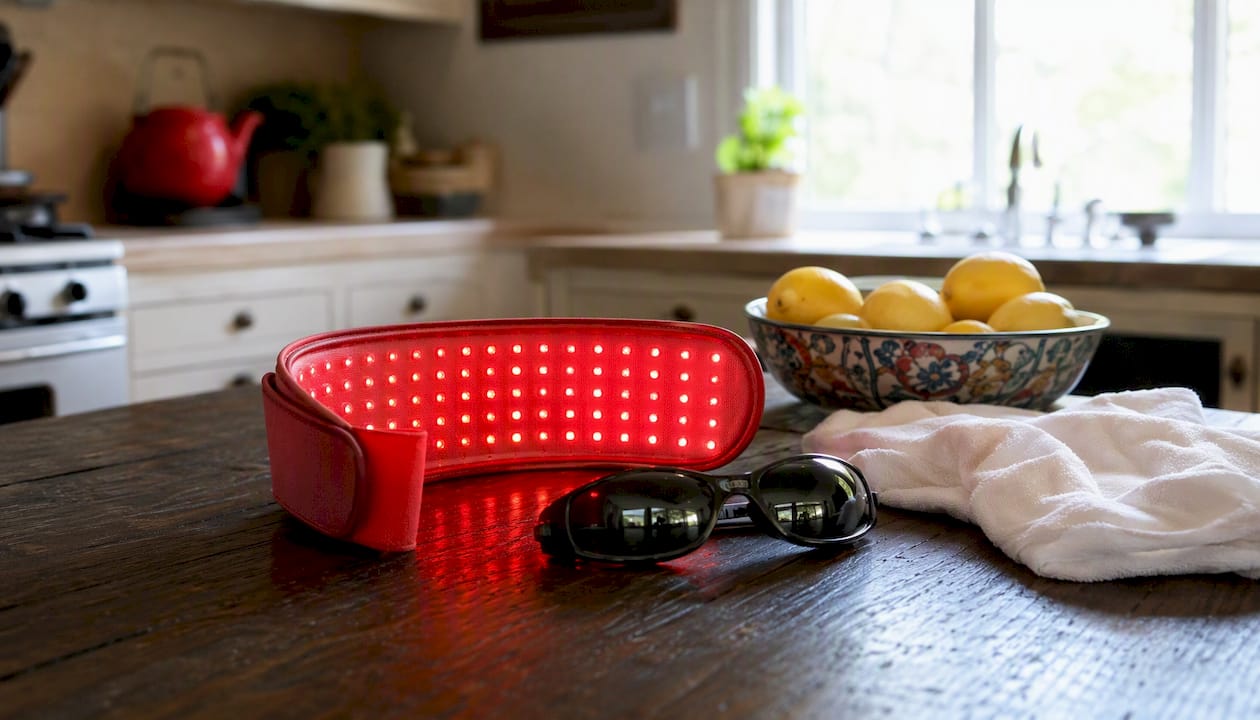 Flexible red light neck wrap on table