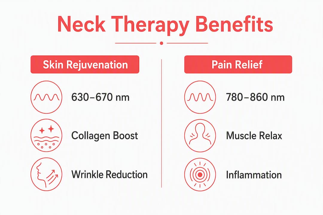Infographic comparing skin and pain benefits of red light therapy on neck