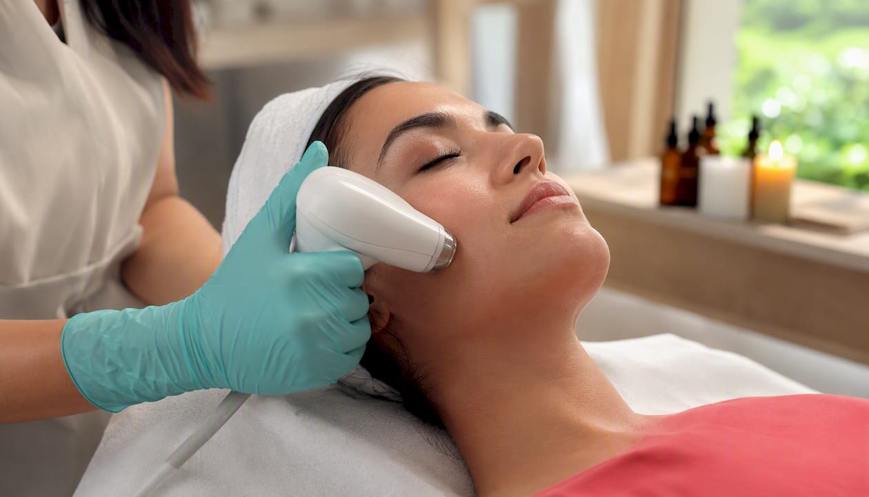 Close-up of handheld ultrasound device on cheek