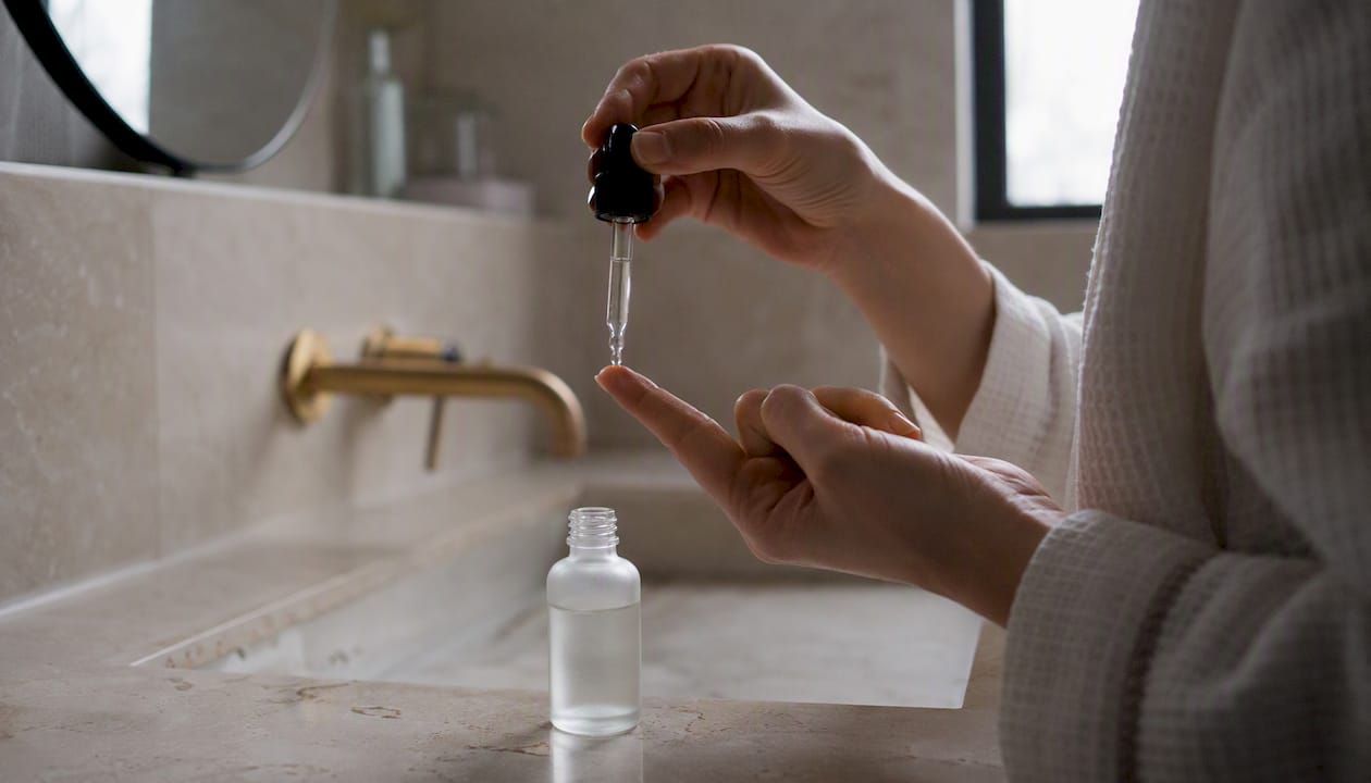 Gotas de sérum con ácido salicílico sobre las yemas de los dedos