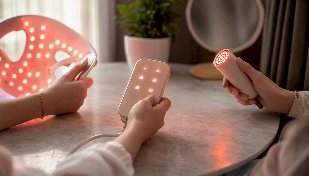 Varias personas sostienen diferentes aparatos de luz roja para el hogar
