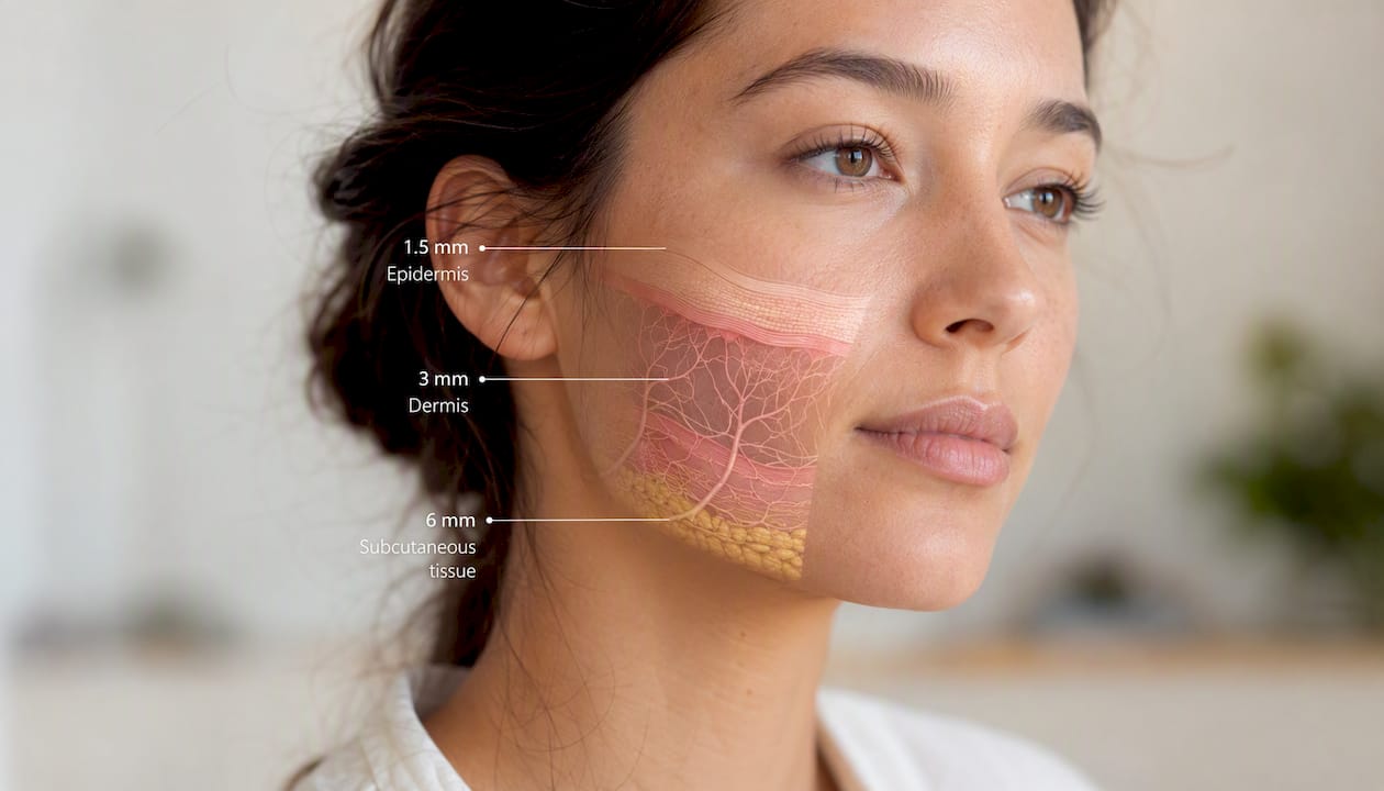 Detalle en primer plano de la piel del rostro mostrando sus diferentes capas