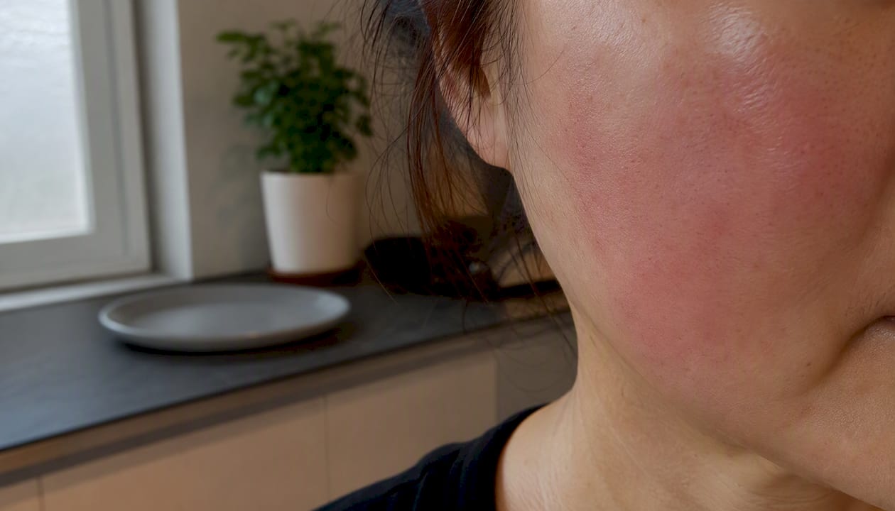 Close-up of cheek redness and swelling post HIFU