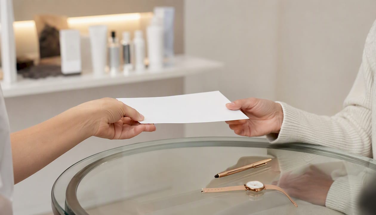 Hands exchanging document in consultation room
