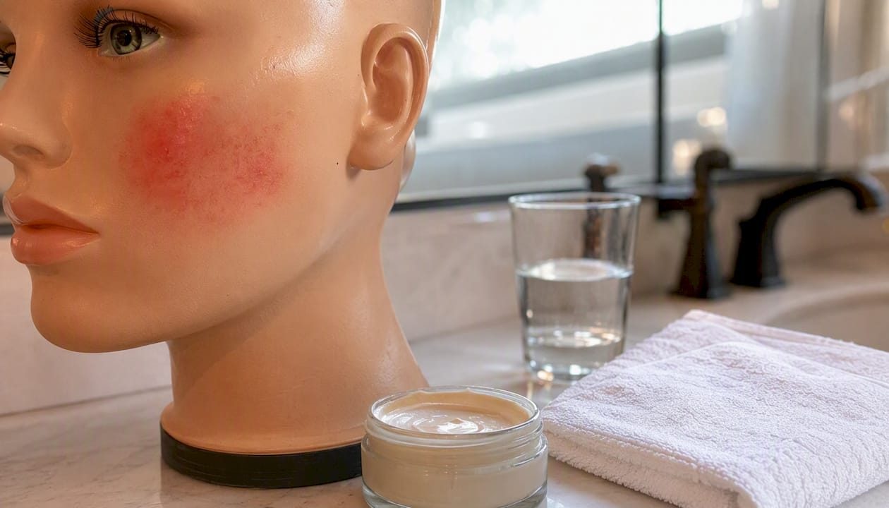 Close-up skin irritation on mannequin face