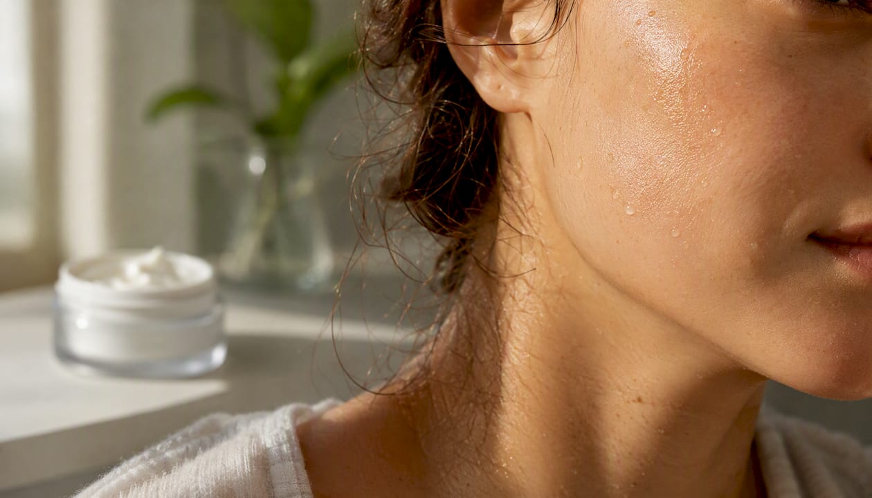 Glowing hydrated facial skin close-up