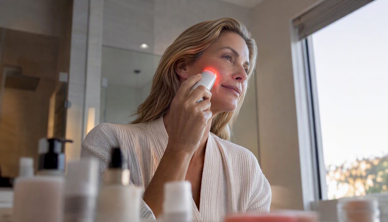 Woman using LED device on face at home