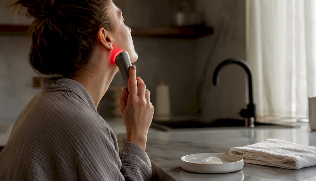 Hand positioning NIR light device on cheek