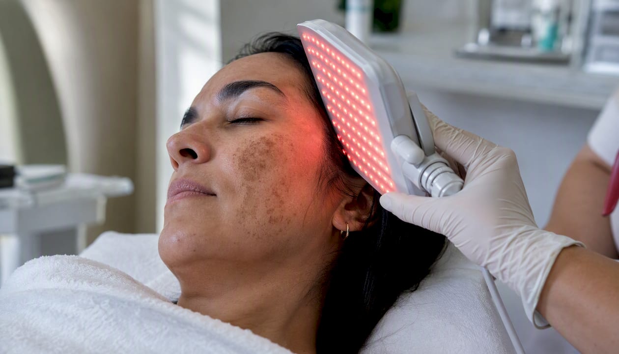 Detalle del tratamiento con luz LED para el melasma realizado en una clínica