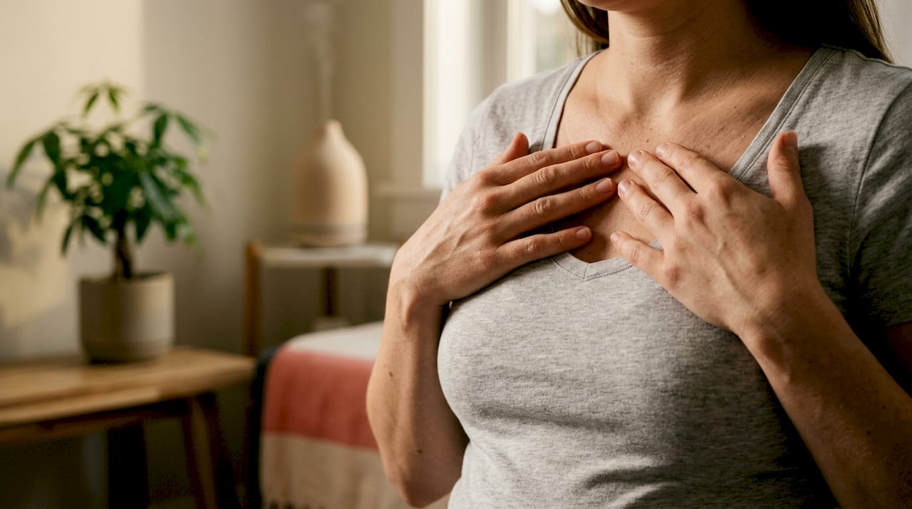 El torso de una mujer con las manos apoyadas sobre el pecho