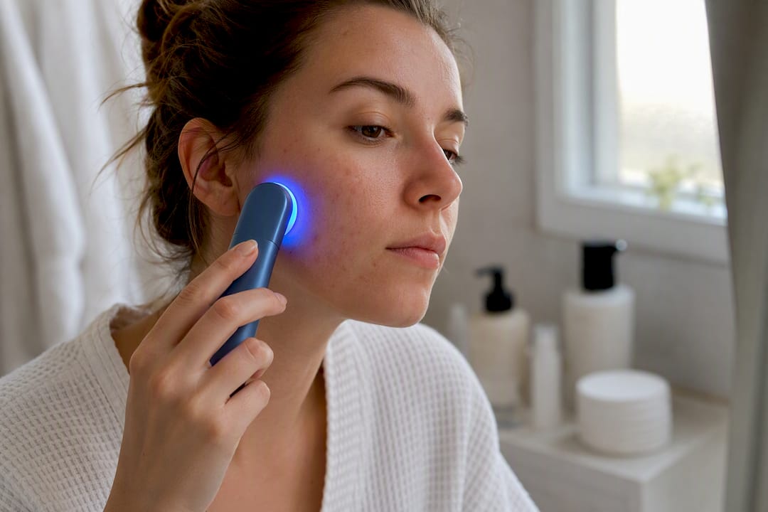Blue LED light on acne-prone skin