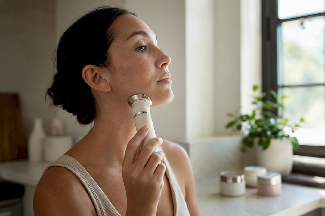 Hands holding beauty device on jawline